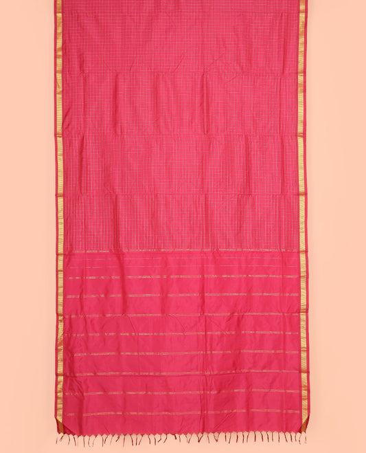 Fuchsia Pink Muthu Checked Ten Yard Art Silk Saree, Complemented by a Traditional Zari Border, and Pallu Featuring Subtle Zari Stripes