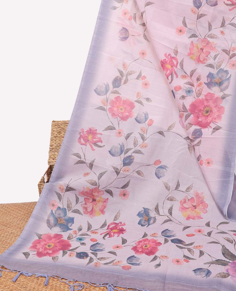 Lavender floral vine printed organza saree with contrast plain border