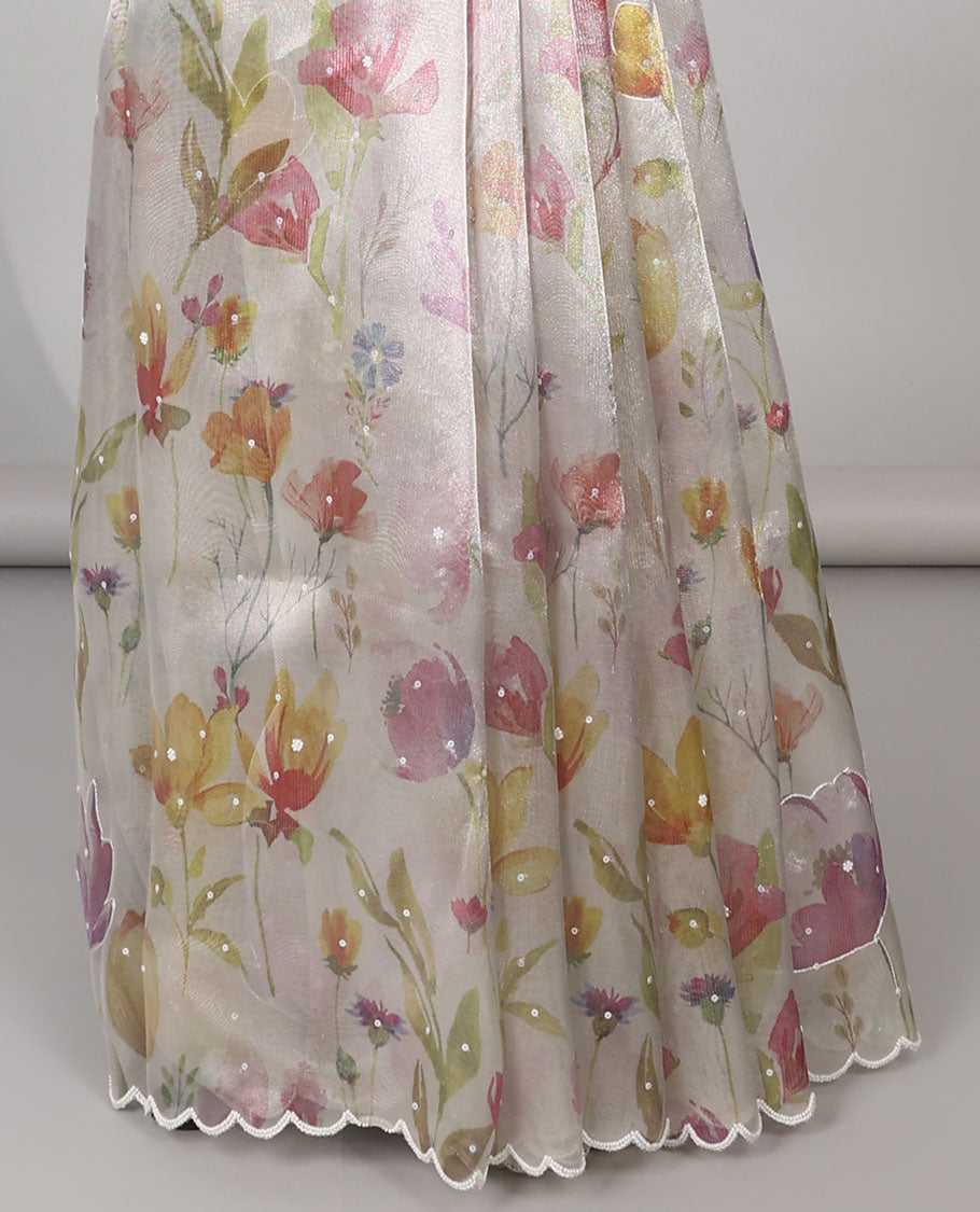pista green floral printed with beads embroidery organza saree & scallop border