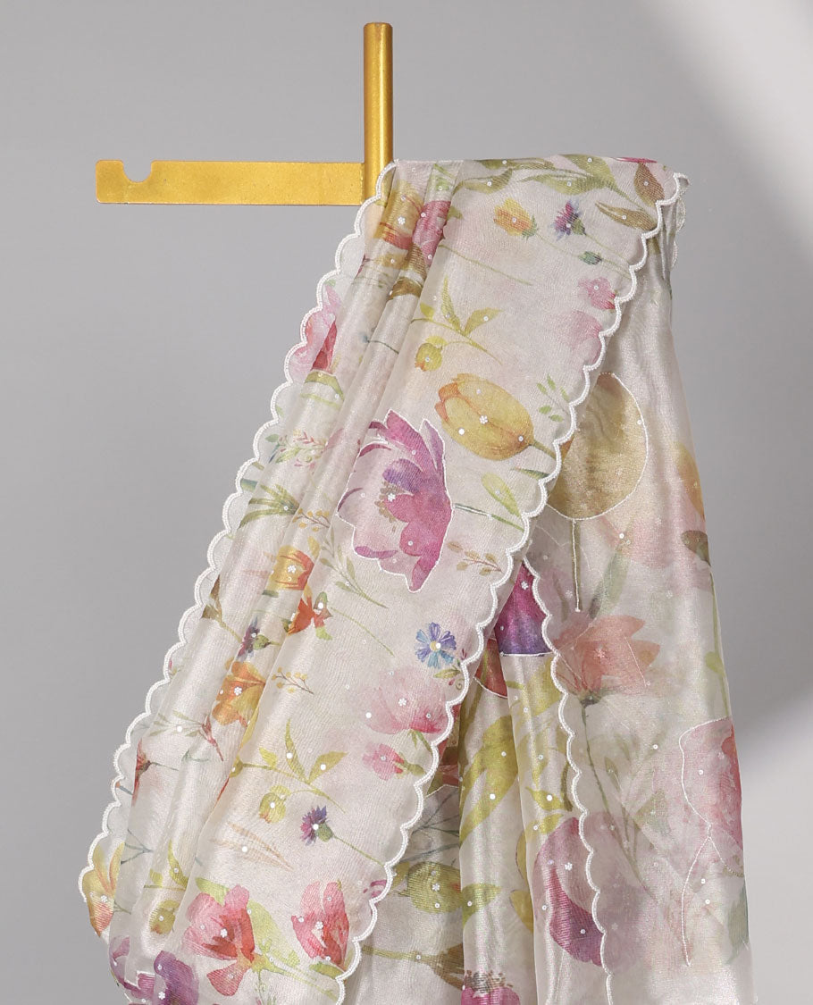 pista green floral printed with beads embroidery organza saree & scallop border