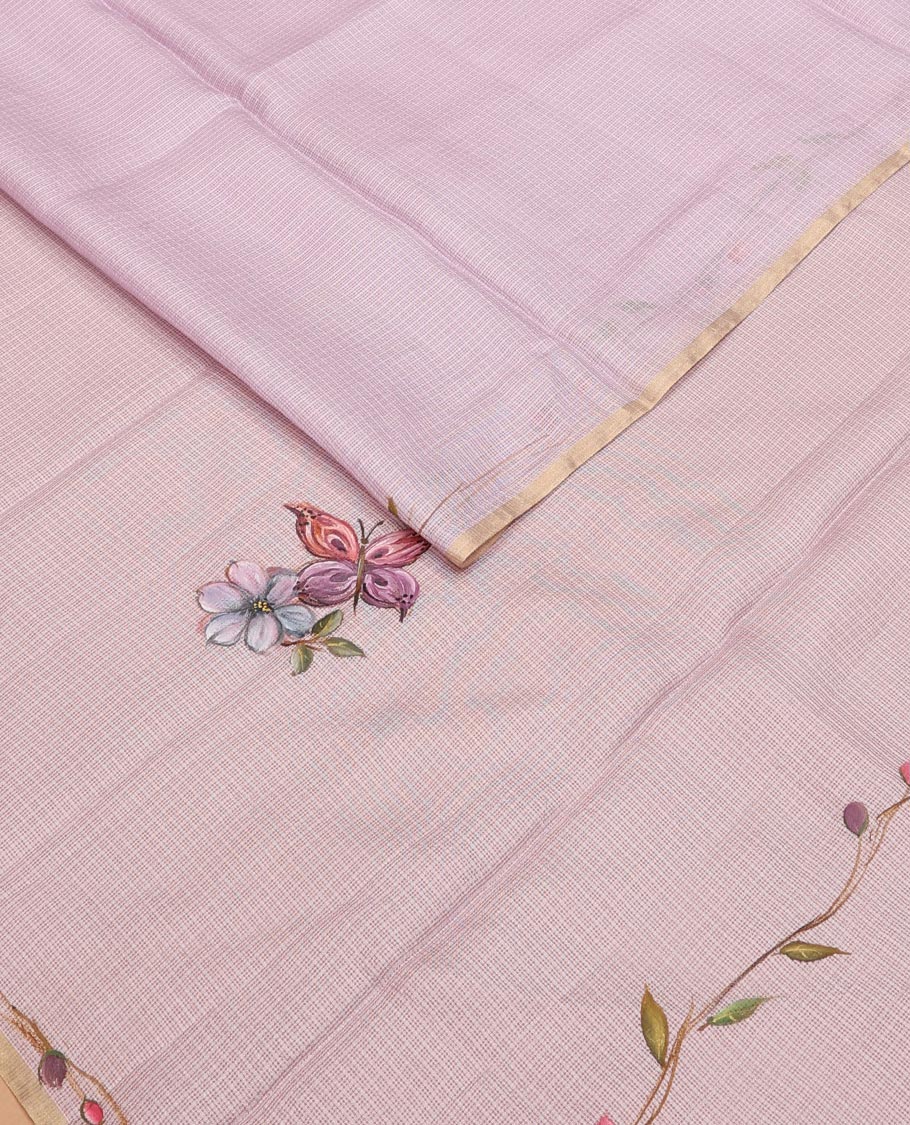 Lavender floral & butterflies hand-painted pure-kota silk saree, piping floral creeper design border & matching hand-painted blouse