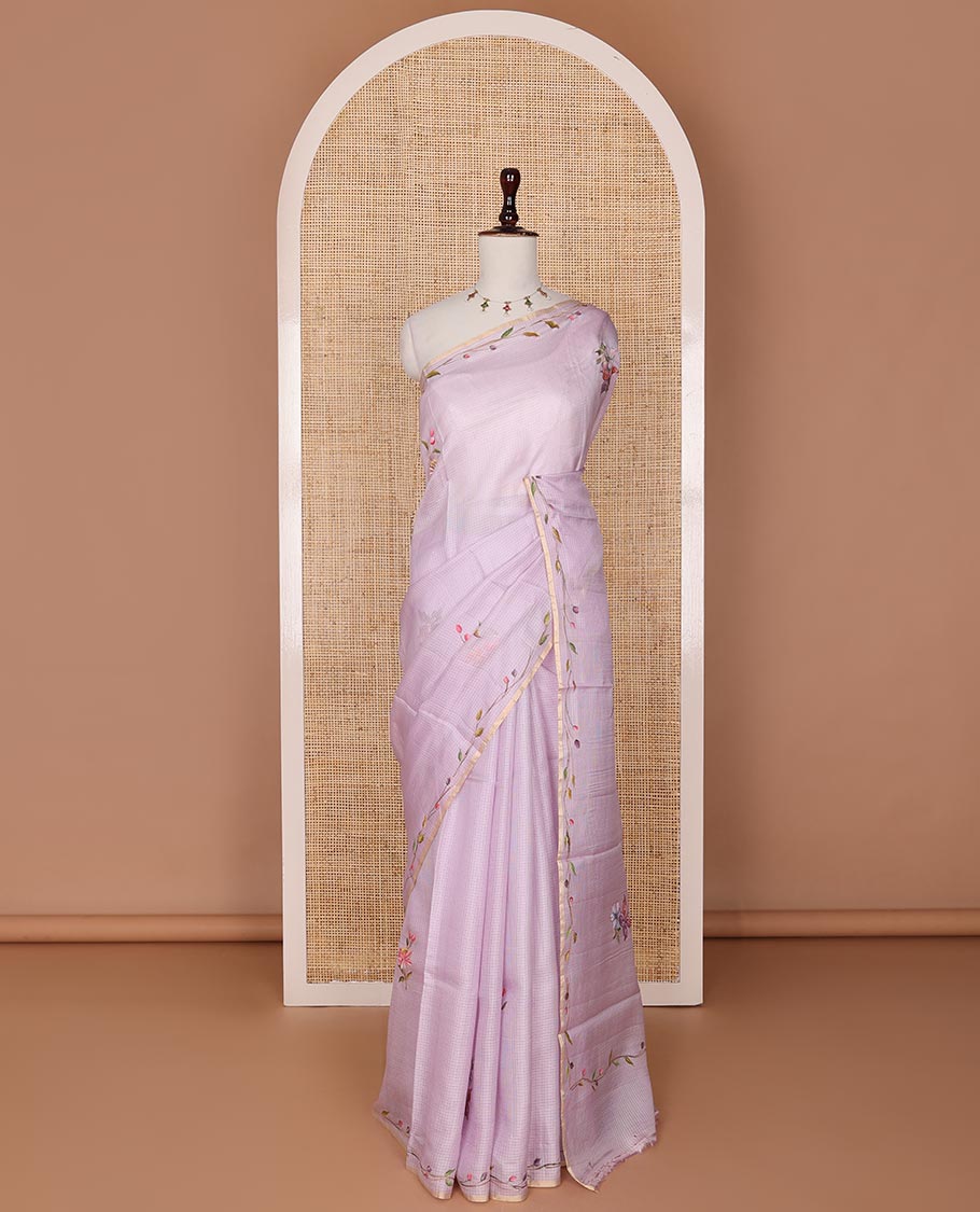 Lavender floral & butterflies hand-painted pure-kota silk saree, piping floral creeper design border & matching hand-painted blouse