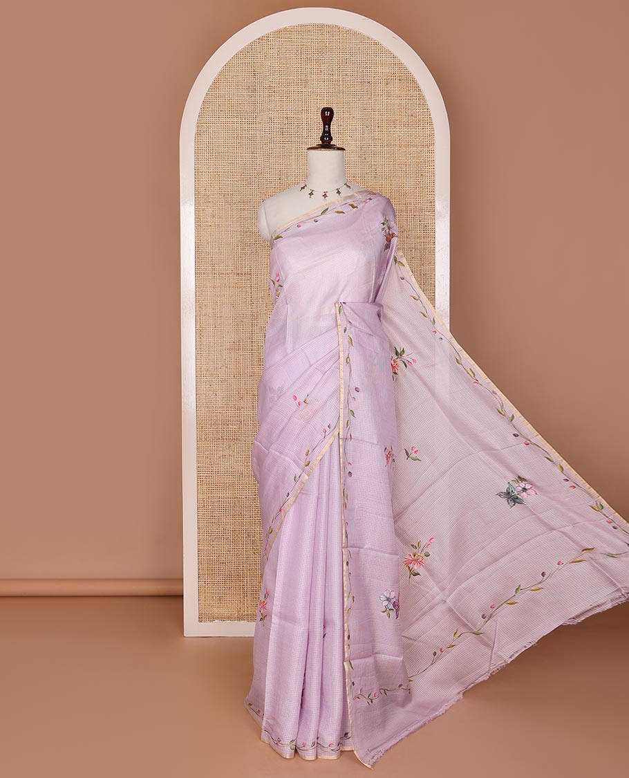 Lavender floral & butterflies hand-painted pure-kota silk saree, piping floral creeper design border & matching hand-painted blouse