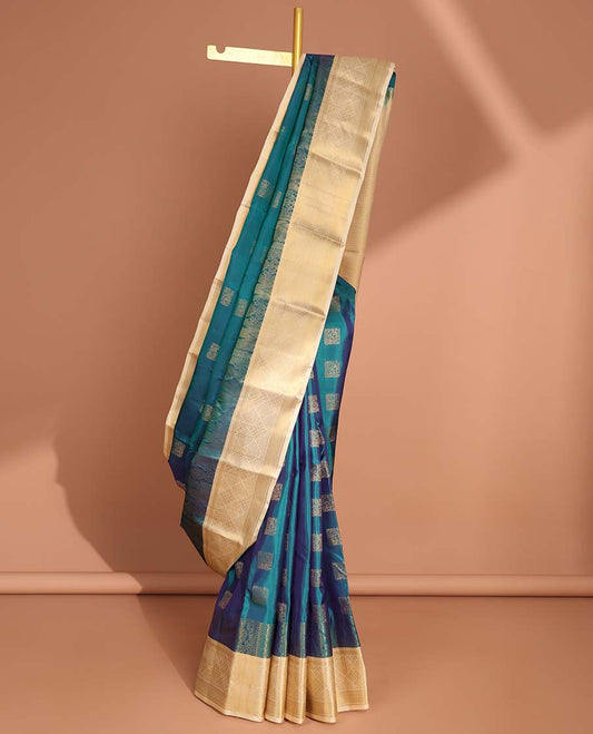 Blue geometric buttas vasundhara elite silk saree with contrast zari design border & intricate zari design pallu