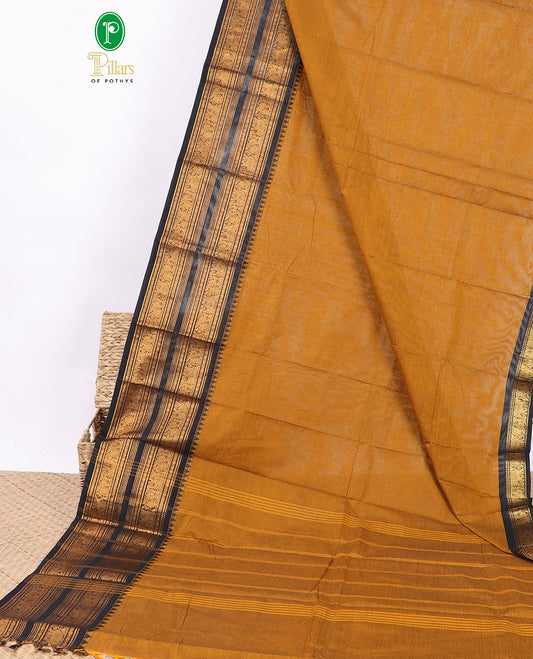Brown chettinad cotton saree with contrast elephant, annam double pad border