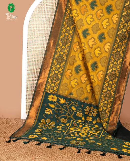 Yellow with green zari pochampalli weaving design mulberry silk saree with bawanchi, ikkat weaving border & rich pochampalli weaving pallu along with plain blouse