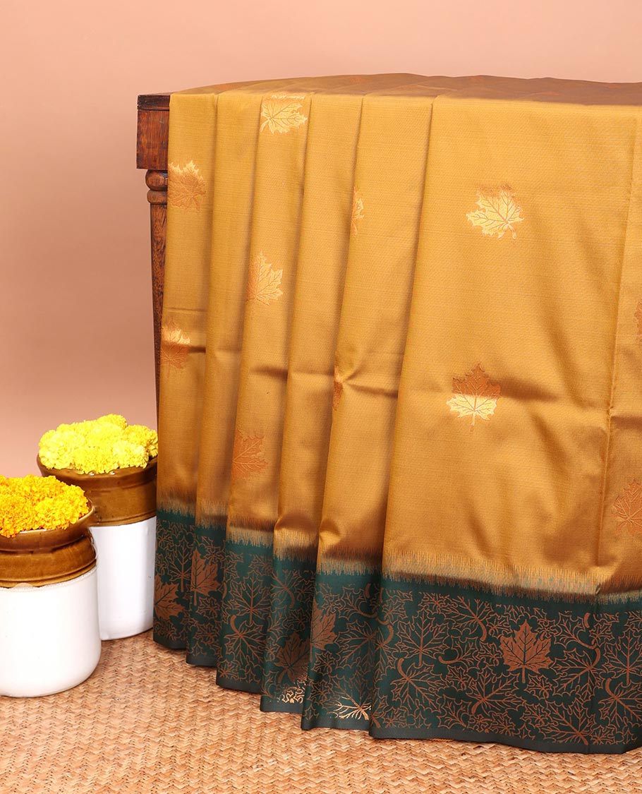 Brown gold zari leaf butta mulburry soft silk saree with contrast zari weaving with tussels & contrast zari small buttas blouse