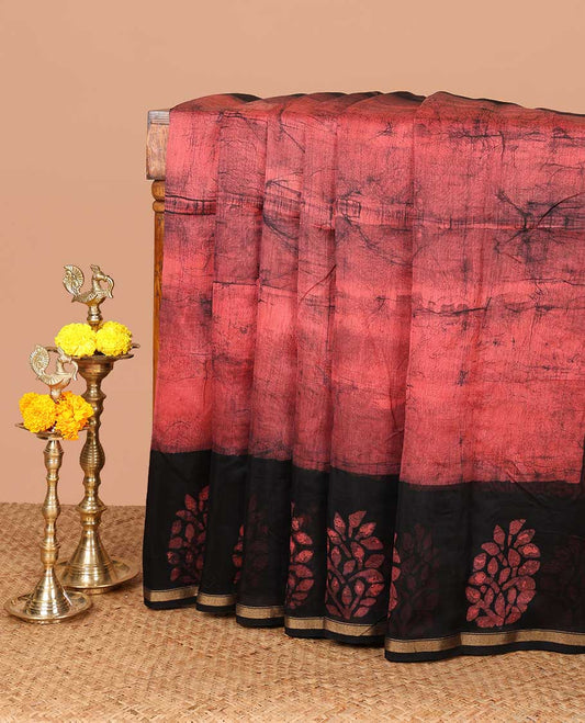 Pink hanblock batik printed chanderi cotton saree with contrast wax block printed border & hand block printed pallu along with plain blouse