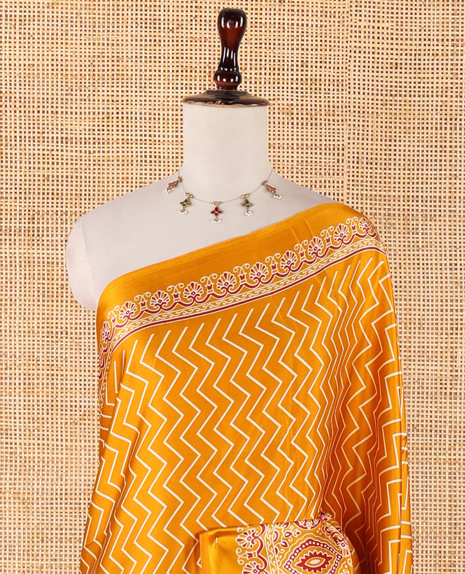 Yellow zig zag digital printed design gajji silk saree with ajrak printed border & ajrak printed pallu along with printed blouse
