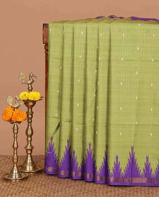 Olive green small butta design kathan silk saree with contrast temple border & striped, temple design pallu along with striped blouse