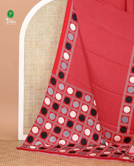 Red small polka dots printed gajji silk saree with self-border & pallu printed with a dot enclosed checks, blouse with intricate motif print