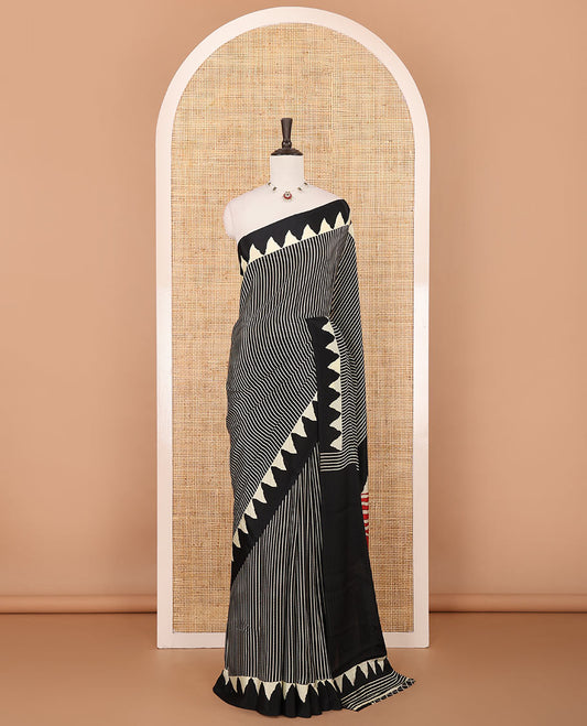 Black vertical stripes printed turkey crepe saree, temple printed border, diamond motifs printed pallu & jaal printed blouse