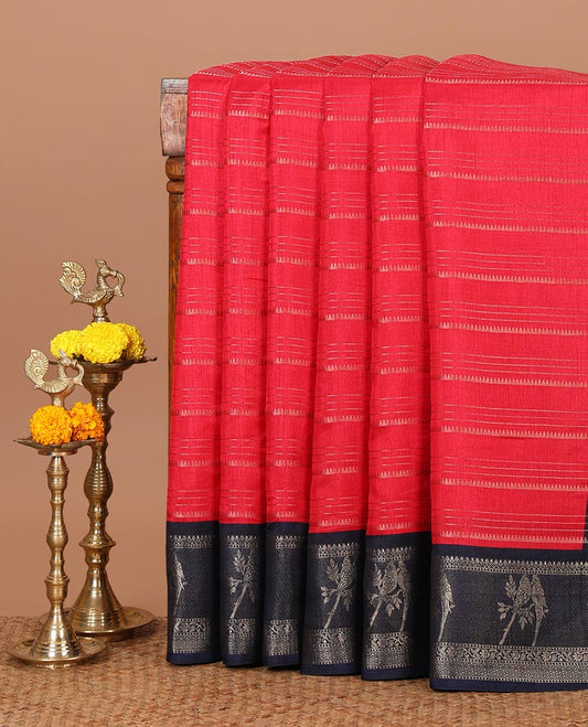 Red golden zari striped dola silksaree, contrast parrot motif & traditional design border, temple pallu & zari design pallu