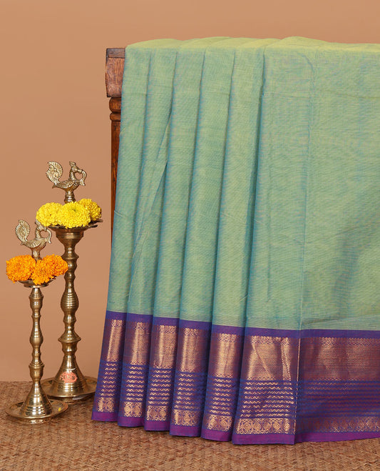 Green plain Chettinadu cotton saree,contrast rettai rettu traditional zari border,lining seer pallu & matching plain blouse