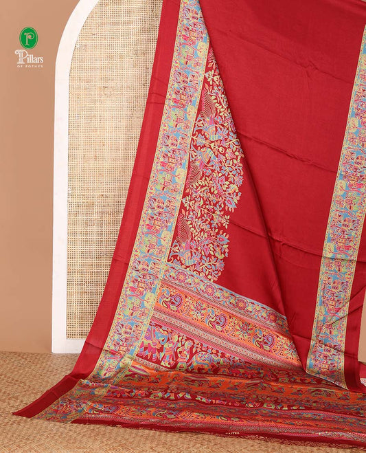 Maroon plain gajji silk saree, double-sided position printed border & pallu of animal & human motifs, with floral printed blouse