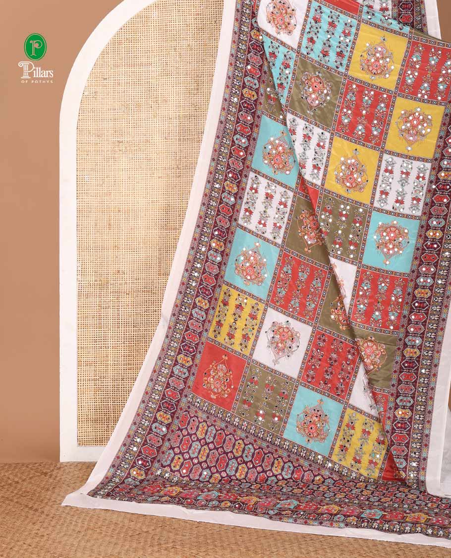 White half-&-half style geometric print & mirror embroidery masakali saree,self-border & pallu of print & mirror work,plain blouse