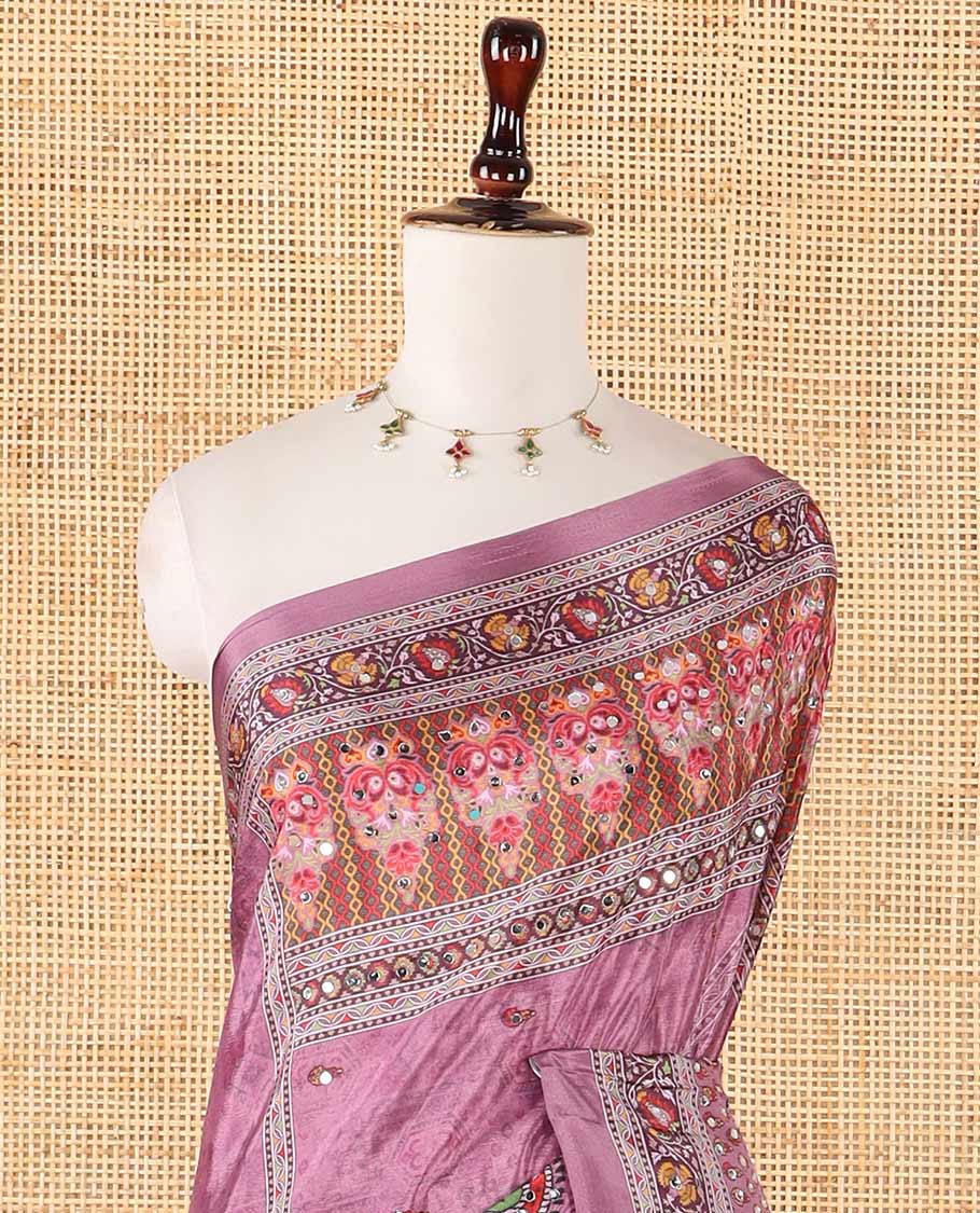 Lavender floral print & mirror embroidery masakali saree,self-border & pallu of print & mirror work, floral printed blouse
