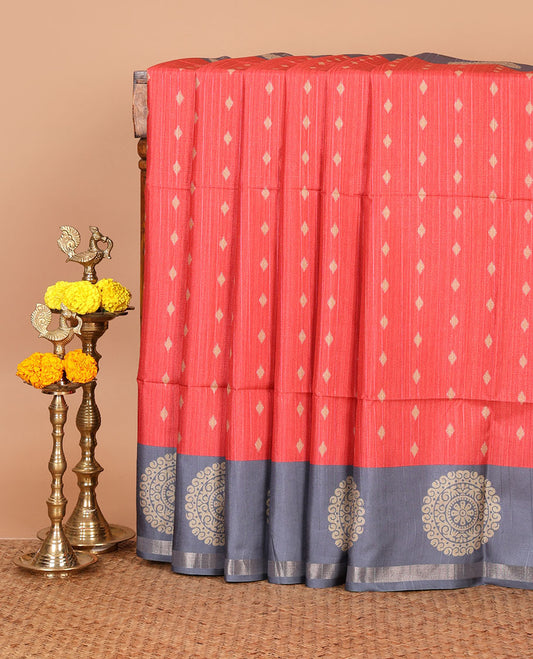 Rust stripes & thread buttas Kathan silk saree, contrast chakram motif border, jaal print pallu & contrast jaal print blouse