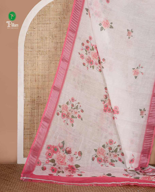 White rose floral printed linen saree, contrast silver bavanji border, floral printed pallu & floral printed brown blouse