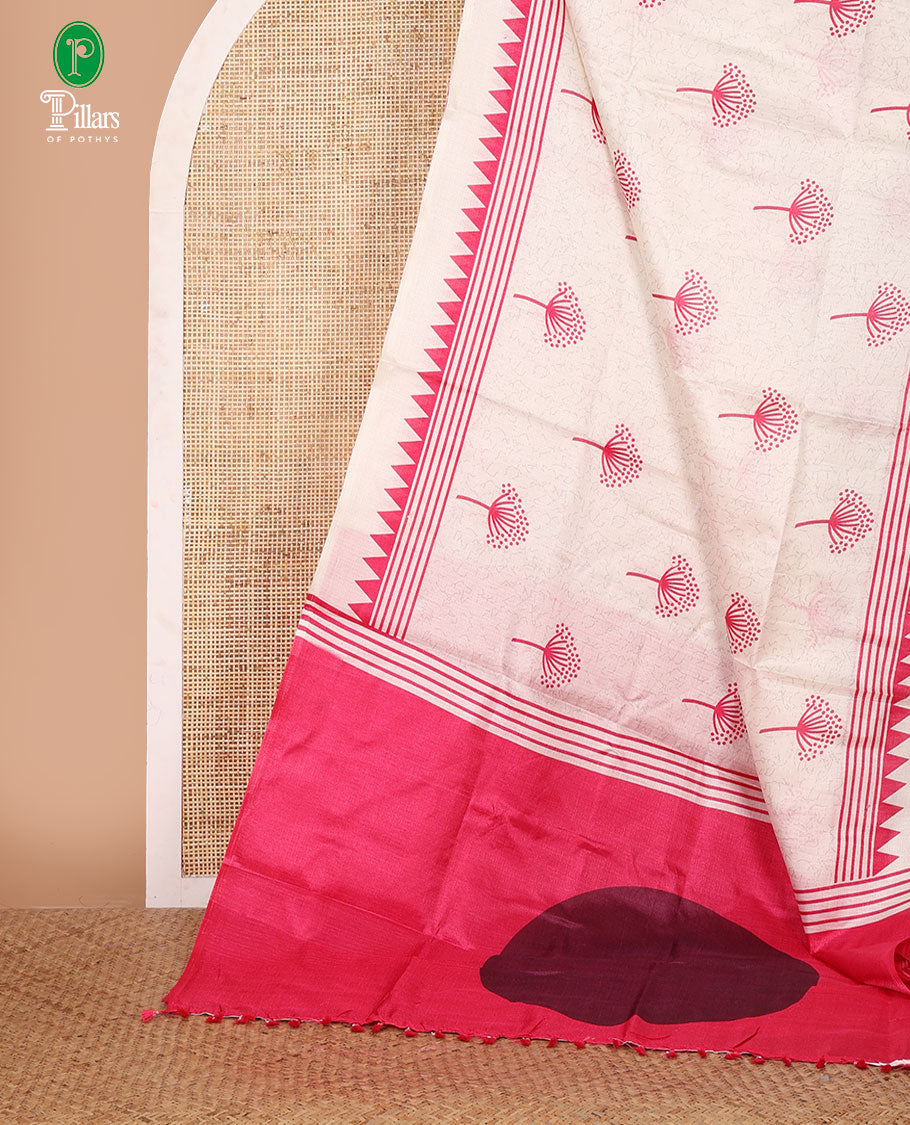 Cream floral-style printed khadi cotton saree, contrast pink temple & lining printed border, lining printed border & printed blouse