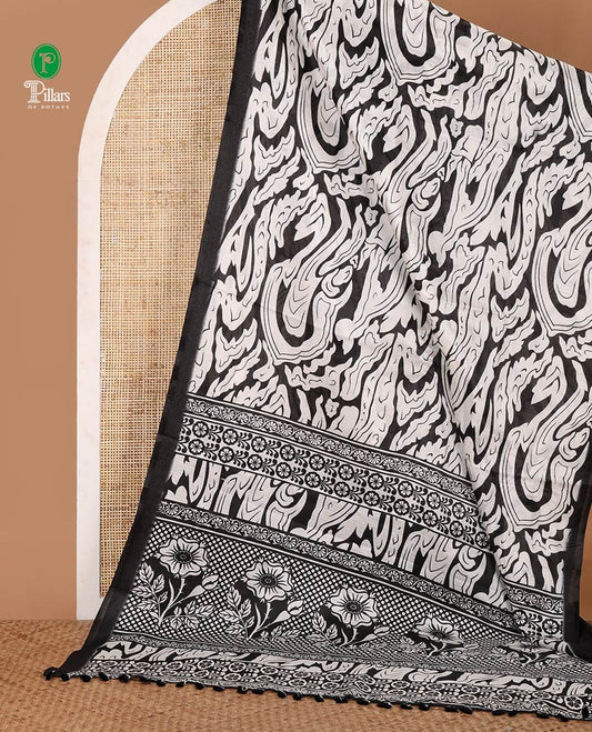 Borderless black abstract-style fancy printed khadi cotton saree, floral-geometric printed pallu & black printed blouse