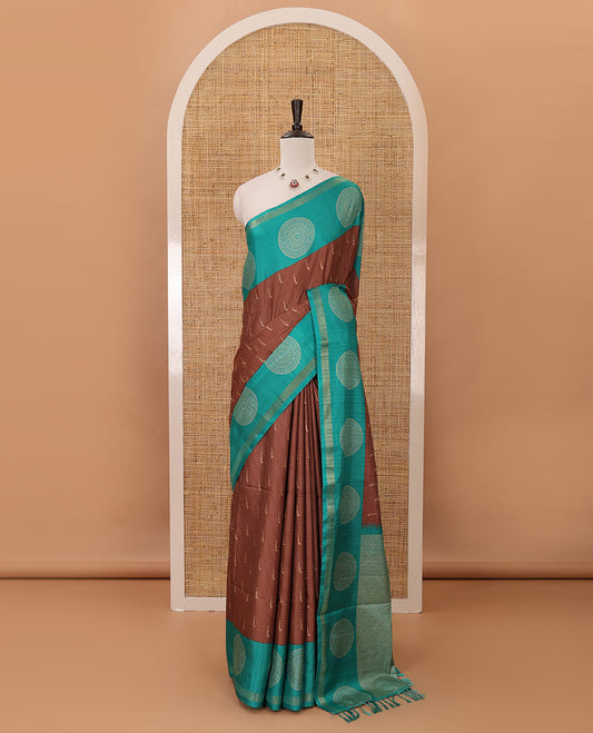 Brown horizontal stripes & muniya buttas katan silk saree, contrast chakram butta border, weaving-style print pallu & contrast print blouse