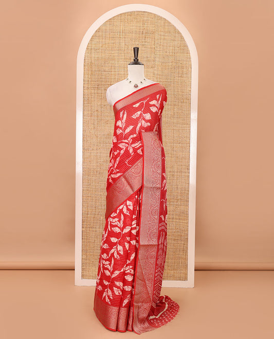 Red dotted striped & batik leaf printed viscose georgette saree, traditional design zari border, intricate pallu & blouse of print & zari work