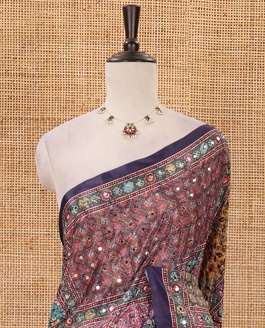 Navy blue-base colorful Mughal-style motifs printed & real mirror embroidery masakali saree, self-border &  pallu of print & mirror work