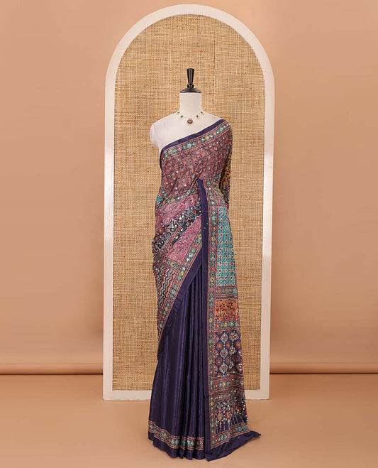 Navy blue-base colorful Mughal-style motifs printed & real mirror embroidery masakali saree, self-border &  pallu of print & mirror work