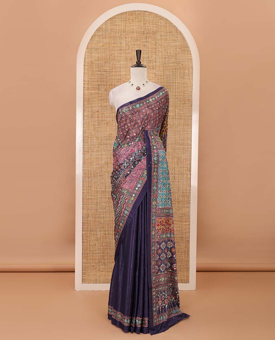 Navy blue-base colorful Mughal-style motifs printed & real mirror embroidery masakali saree, self-border &  pallu of print & mirror work