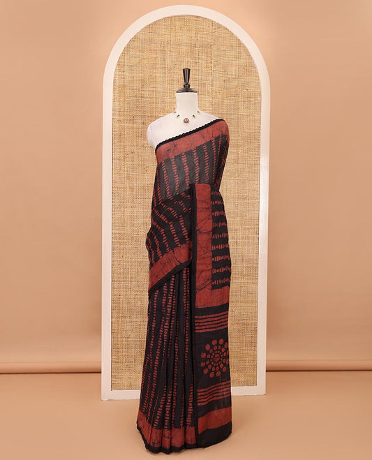 Brown handblock wax batik printed kota check saree, contrast batik print lacework border, batik print pallu & polka dots print blouse