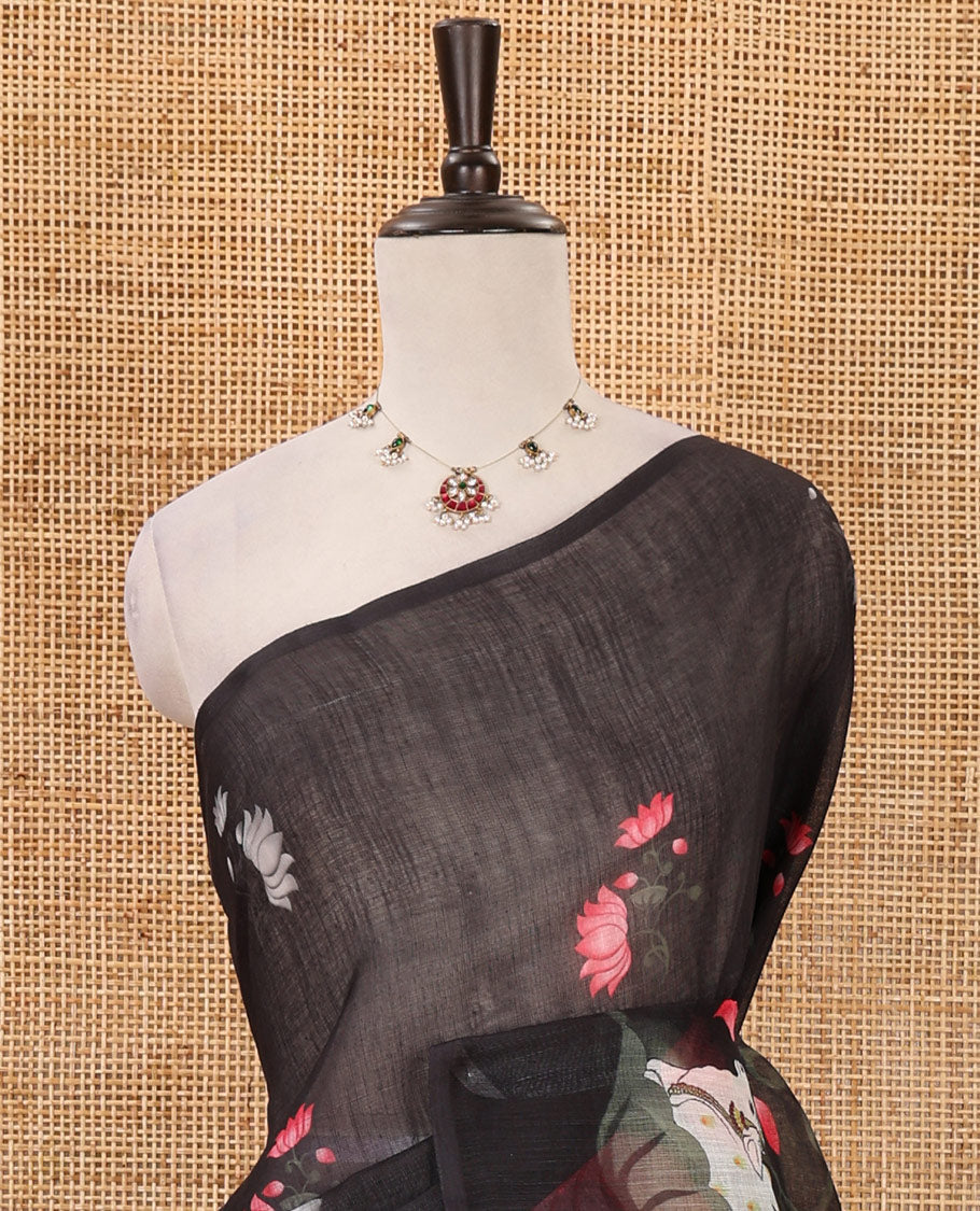 Borderless black Pichwai cow & lotus motifs printed linen saree, pallu of Pichwai cow & lotus print & matching lotus print blouse