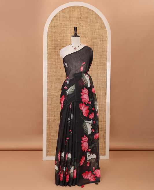 Borderless black Pichwai cow & lotus motifs printed linen saree, pallu of Pichwai cow & lotus print & matching lotus print blouse