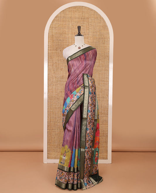 Onion pink tie-dye & human motifs enclosed arcs printed semi-tussar saree,contrast traditional zari rettai pettu floral print border, print pallu & contrast blouse