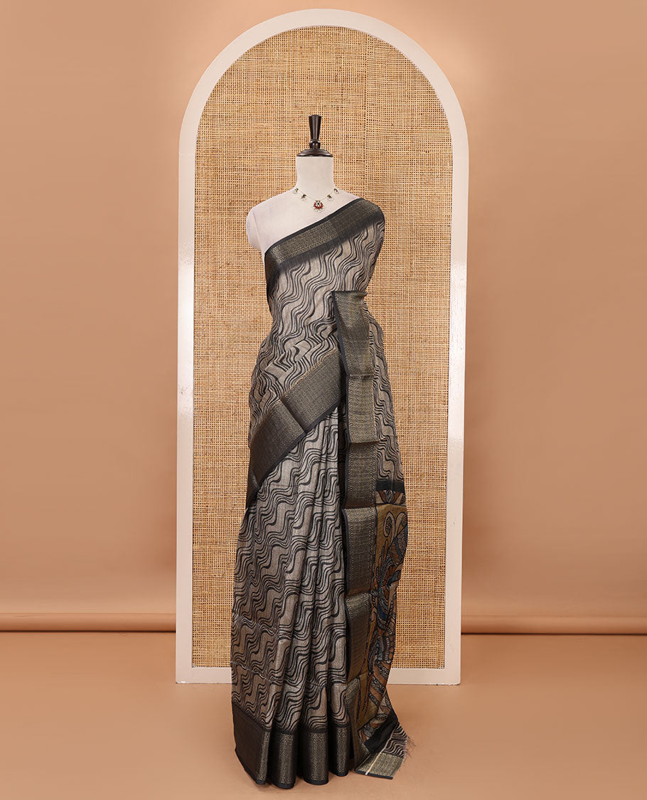 Chikku zig-zag stripes printed semi-jute saree, contrast geometric zari border, Madhubani-style printed pallu, & black blouse of print & zari work
