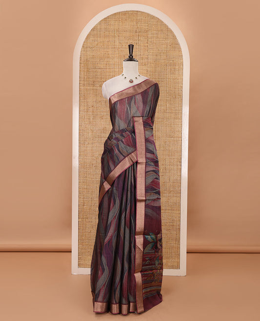 Purple-base multi-color abstract printed black spun linen saree, zari piping border, floral printed pallu & geometric printed blouse