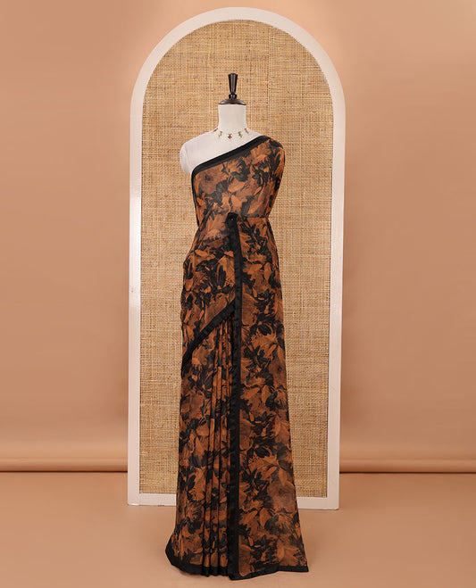 Black-rust floral digital printed georgette saree, satin lace plain border & black plain blouse