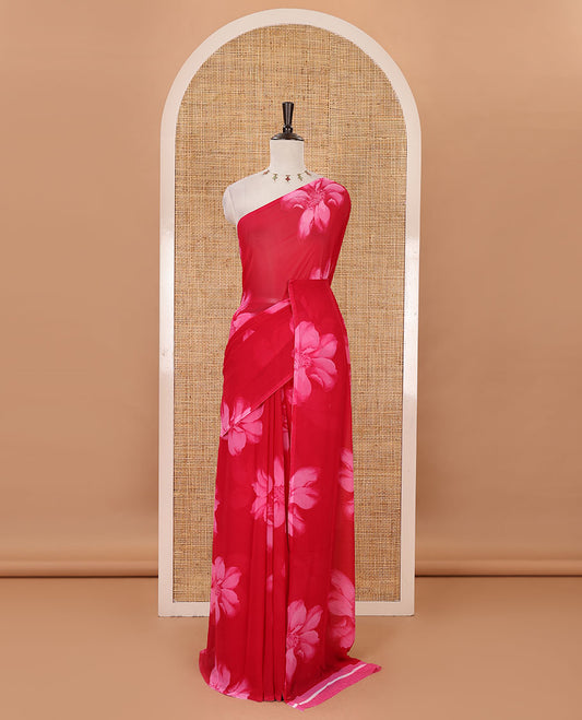 Borderless rani pink big floral motifs printed georgette saree with contrast printed blouse