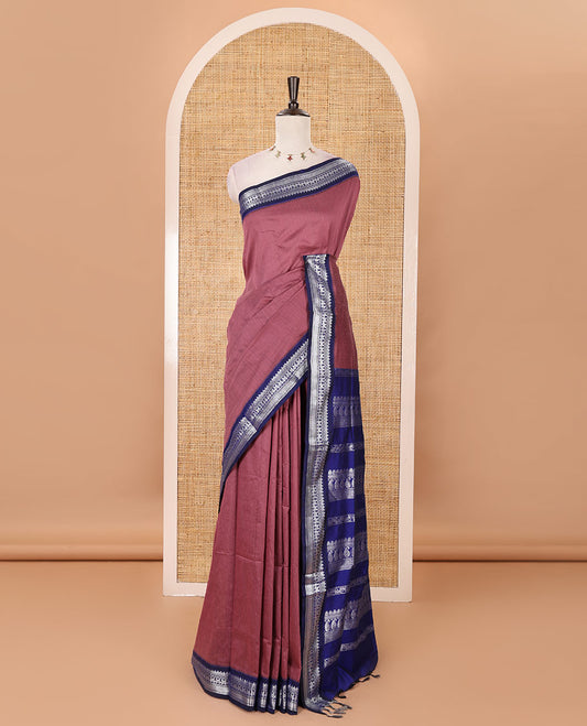 Onion pink full-plain Kalyani cotton saree, contrast traditional zari design border, zari design steeped pallu & contrast plain blouse
