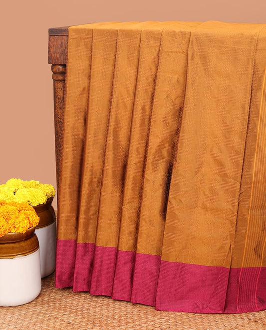 Mustard copper zari checks bhavishna silk saree contrast line zari border & contrat blouse