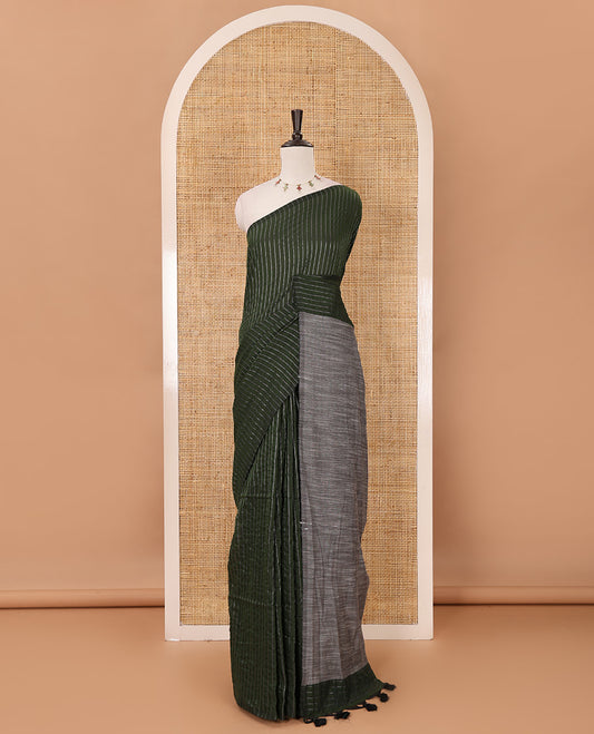 Borderless green vertically striped khadi cotton saree, contrast grey plain pallu & matching plain blouse