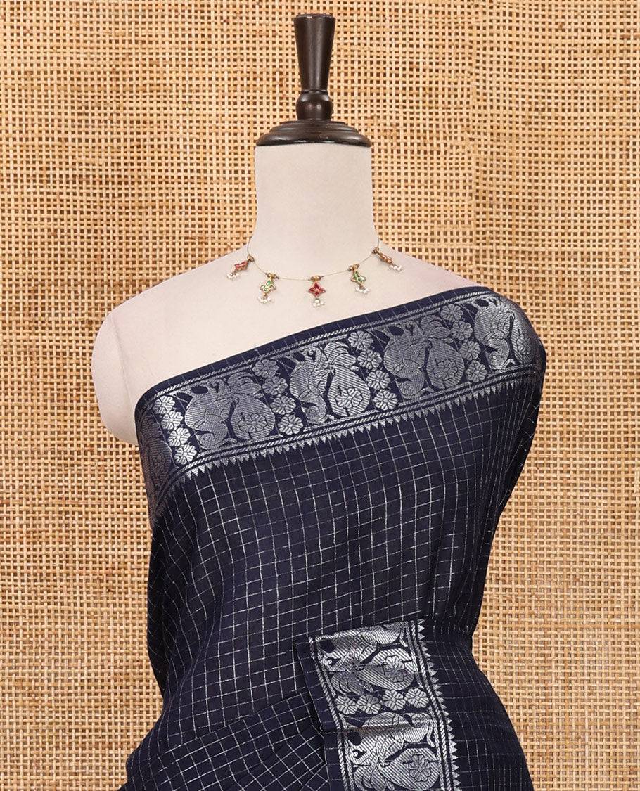 Navy blue zari checked Sungudi cotton saree, zari annam motifs woven border, zari striped pallu & contrast zari checked blouse
