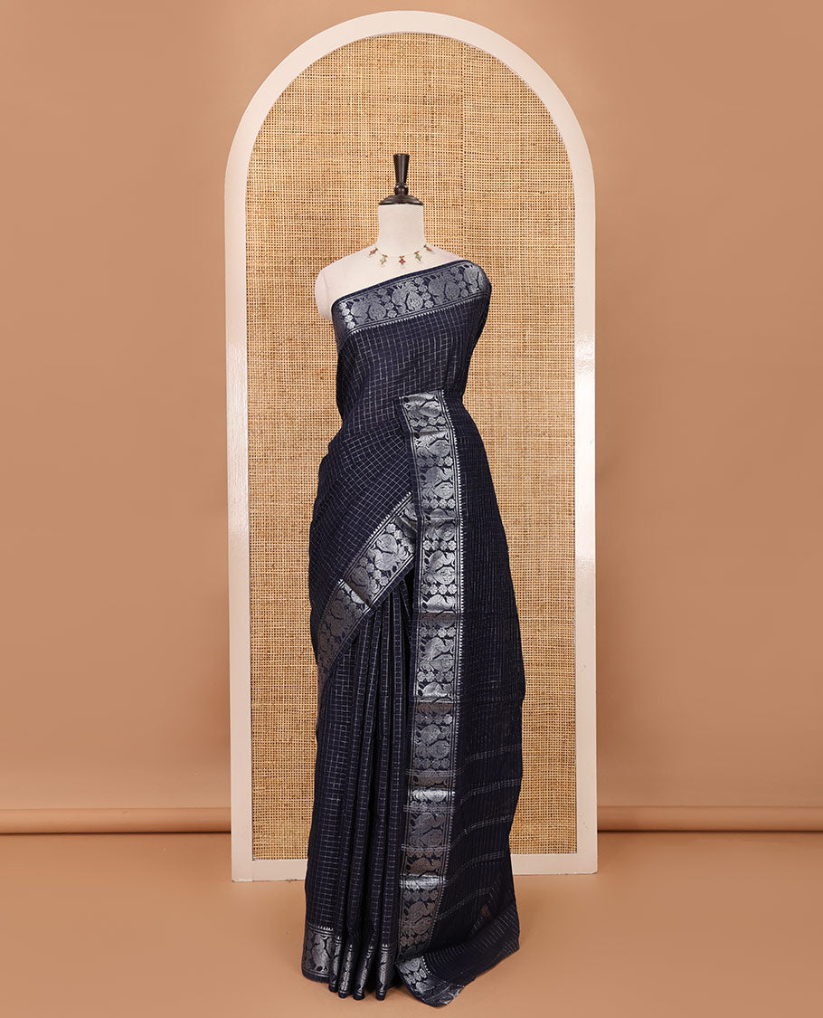 Navy blue zari checked Sungudi cotton saree, zari annam motifs woven border, zari striped pallu & contrast zari checked blouse