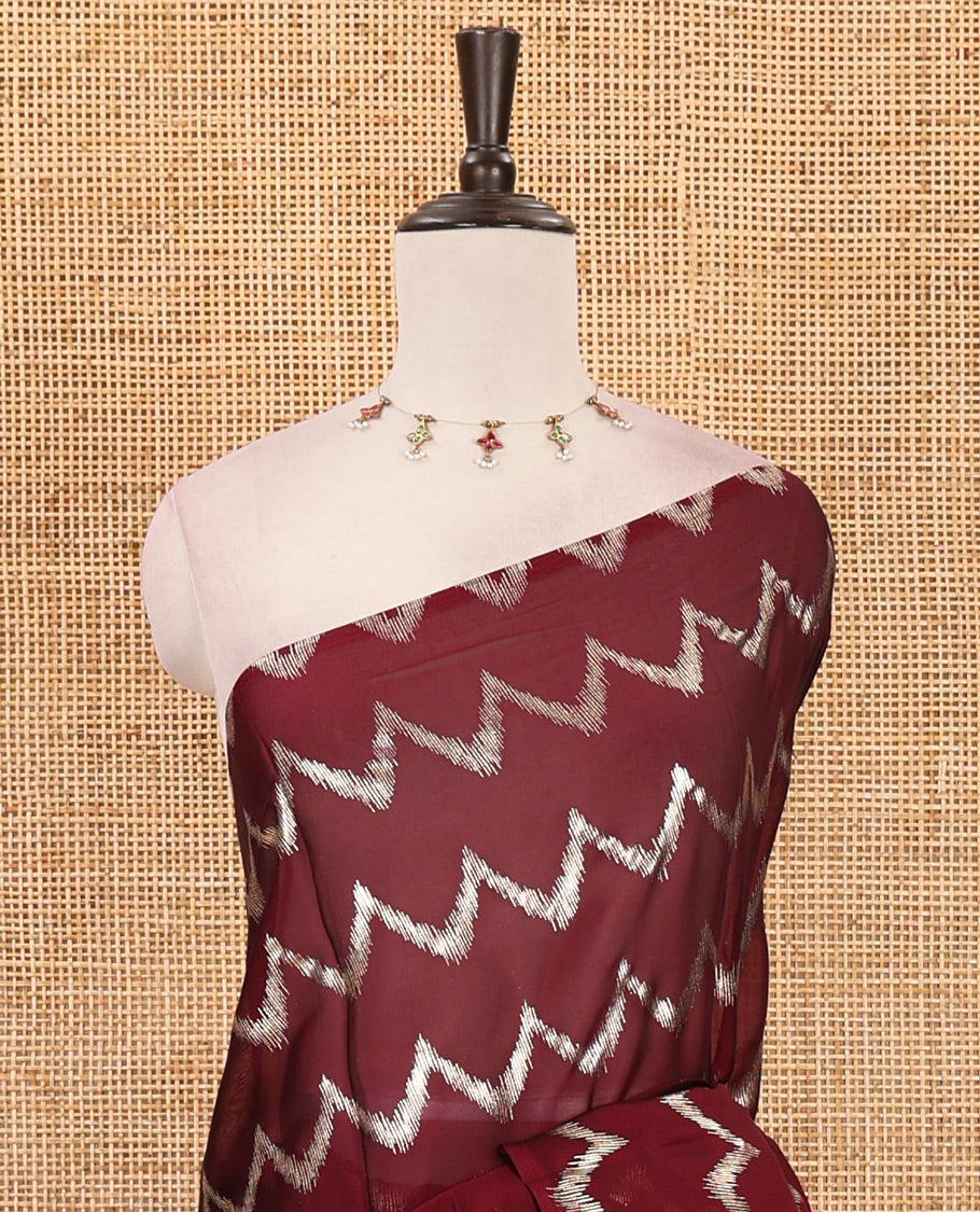 Borderless maroon zig-zag stripes foil printed rangoli saree, running blouse