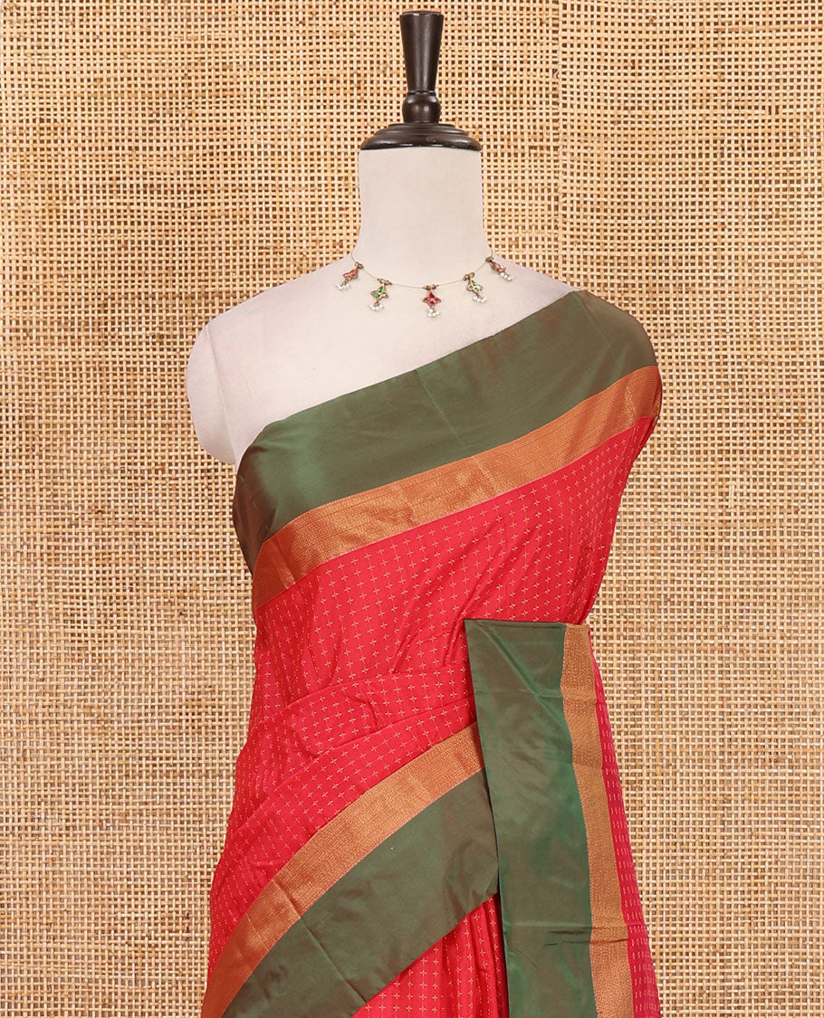 Tomato pink plus thread buttas semi-soft saree, contrast zari satin border, striped pallu & contrast plain blouse