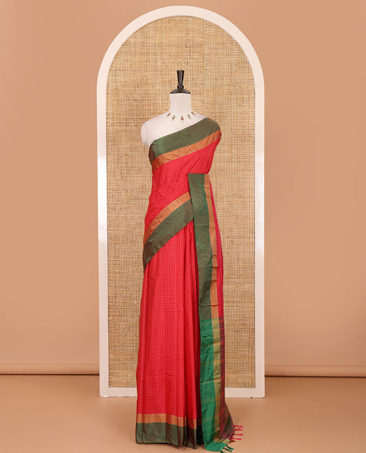 Tomato pink plus thread buttas semi-soft saree, contrast zari satin border, striped pallu & contrast plain blouse