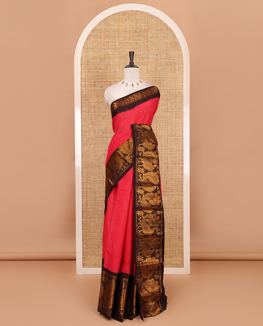 Rani pink zari checked Sungudi cotton saree, contrast zari border decked up with peacock motifs, zari striped pallu & contrast veldhari stripes blouse