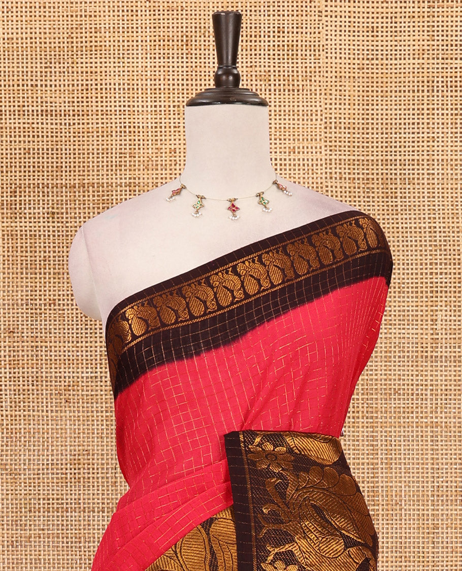 Rani pink zari checked Sungudi cotton saree, contrast zari border decked up with peacock motifs, zari striped pallu & contrast veldhari stripes blouse
