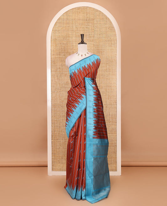 Rust vertical striped & parrot motifs kanchi silk saree, contrast satin temple border, zari-rich jaal pallu & contrast zari design blouse
