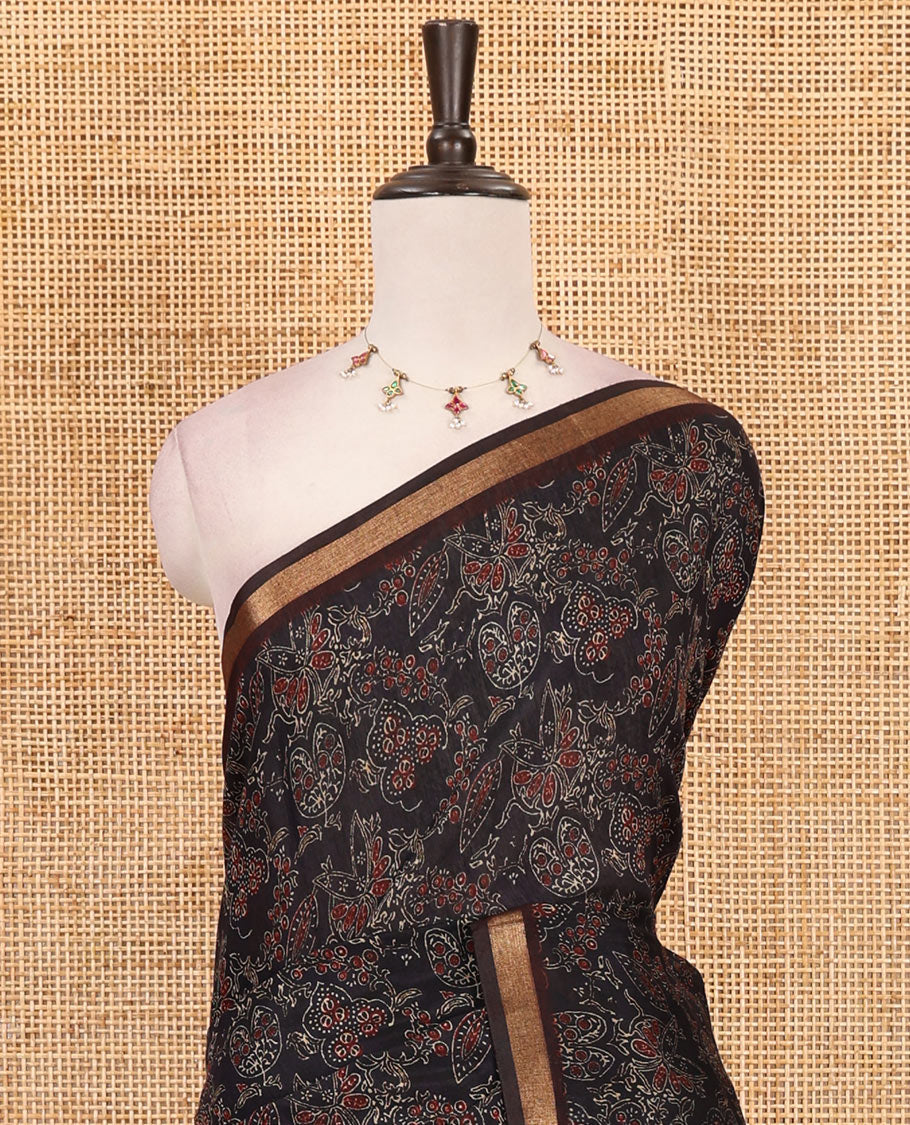 Black Ajrakh-style printed Muslin cotton saree, contrast zari border, Ajrakh printed pallu & contarst buttas printed blouse